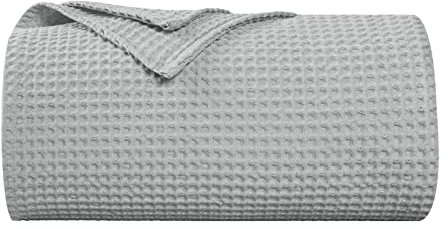 PHF Überwurfdecke aus 100 % Baumwolle, Waffelmuster, 130x150 cm, weiche, atmungsaktive Decke für Erwachsene und Kinder, perfekte Decke für Couch, Bett, Sofa, Einzelbett/Reisegröße, Hellgrau