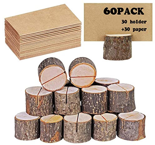 Portatarjetas de mesa rústico, madera auténtica, con corteza de madera, soporte para tarjetas de mesa, soporte para fotos, nombres, tarjetas para bodas, fiestas (30 soportes + 30 papeles de estraza)