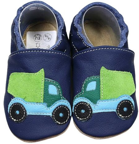 HOBEA-Germany Krabbelschuhe für Jungs und Mädchen in verschiedenen Designs, Kinderhausschuhe Jungen, Lederschuhe, Schuhgröße:24/25, Modell Schuhe: LKW dunkelblau