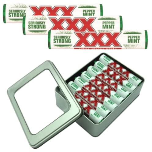 XXX Extra Strong Peppermint Mints 14 Rolls x 40.5g (567g) with Silver Refillable Window Lid Tin