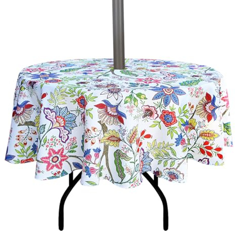 EHouseHome Runde Tischdecke für drinnen und draußen, mit Schirmloch und Reißverschluss, wasserfest, für Terrasse, Frühling und Sommer, Garten, Grillabende, Picknick, ca. 150 cm