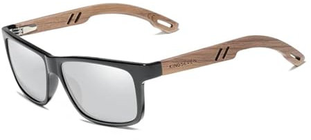 KINGSEVEN Marke Design TR90 + Walnuss Holz Handgemachte Sonnenbrille Männer Polarisierte Brillen Zubehör Sonnenbrille Verstärktes Scharnier (Schwarz Silber)