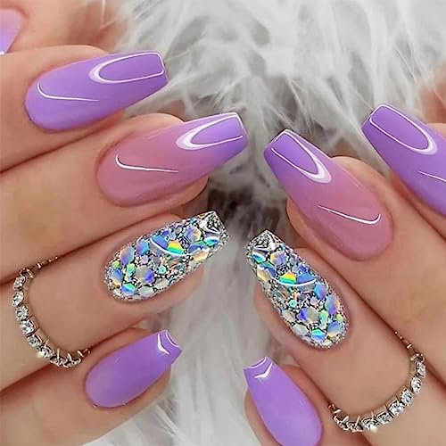 TMUT 24pcs Long Coffin False Nails Purple Ombre Stick on Nails Glitter Silver Sequin Design Press on Nail Removable Glue on Full Cover Fake Nail Art Accessories for Women Girls