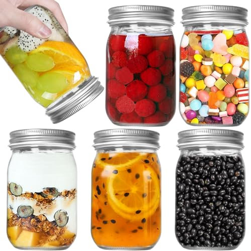 ToKinCen 6 Pack Regular Glass Mason Jars With Lids, 16oz Reusable Glass Canning Jar for Jam, Fruits, Snacks, Candies Storage, Party/Wedding Favors, DIY Projects