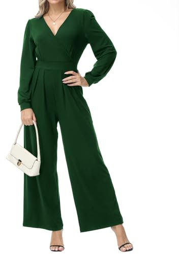 Tanmolo Damen Lang Jumpsuit Langarm V-Ausschnitt Overall Elegant Hosenanzug Weites Bein Romper Mit Taschen Dunkelgrün, M