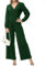 Tanmolo Damen Lang Jumpsuit Langarm V-Ausschnitt Overall Elegant Hosenanzug Weites Bein Romper Mit Taschen Dunkelgrün, M