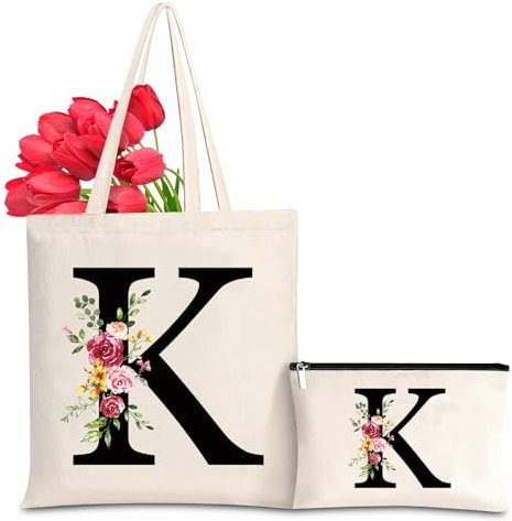 Baumwolltasche personalisiert mit Namen, Frauen Initialen Einkaufstasche Geschenk Tragetasche und Kosmetiktasche für Damen Freundin Mama Geburtstag, Hochzeit, Valentinstag, Muttertag Tasche(K)