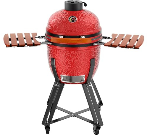 ROOMTEC 18 Inch Kamado Charcoal Grill with Cover, Portable Camping Grill with Cart and Side Shelves, Tabletop Barbecue Grill for Home Party and Outdoor Backyard Cooking, Blaze Red