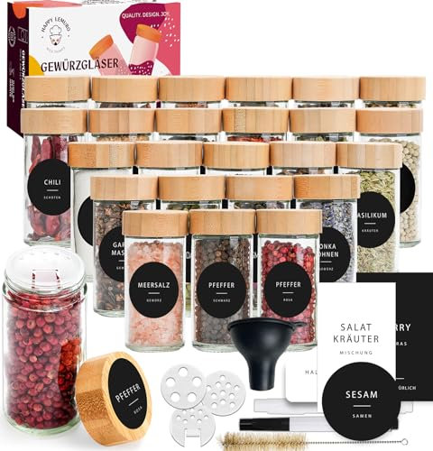 Happy Lemuro Gewürzgläser Rund [24 x 100 ml] 435 Etiketten auf Deutsch | Gewürzbehälter mit Holzdeckeln & Zubehör - Luftdicht - Gewürzgläser Set, 24er Set, Gewürzaufbewahrung Spice Jars