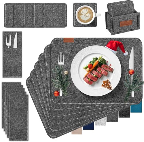 Witnewrage Tischsets Filz, Platzsets Abwaschbar, Rutschfest Platzdeckchen, 19er Set: 6 Abwaschbar, 6 Untersetzer, 6 Bestecktasche, 1 Aufbewahrungsbox - Mittelgrau