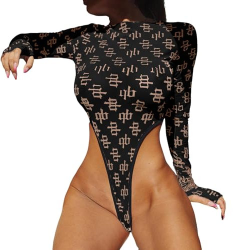 KBOPLEMQ Damen Badeanzüge Langarm Einteilige Bademode One Piece Gestrickter Bedruckter Langarm-Bodysuit 2024 Sexy Monokini Swimsuit Frauen Tanga Monokini String Thong Bikini High Cut Badeanzug