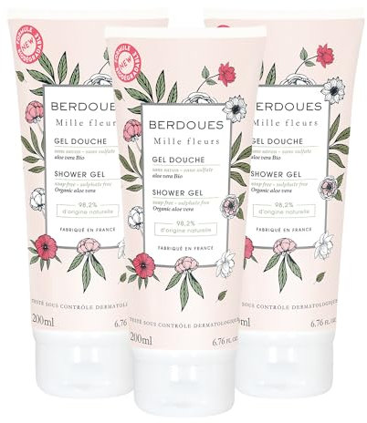 BERDOUES - Gel douche Mille Fleurs, Lot de 3, Gel douche biodégradable. Parfum floral. Sans savon et sans sulfate. Aloe Vera Bio. Made in France. Tube 200ml