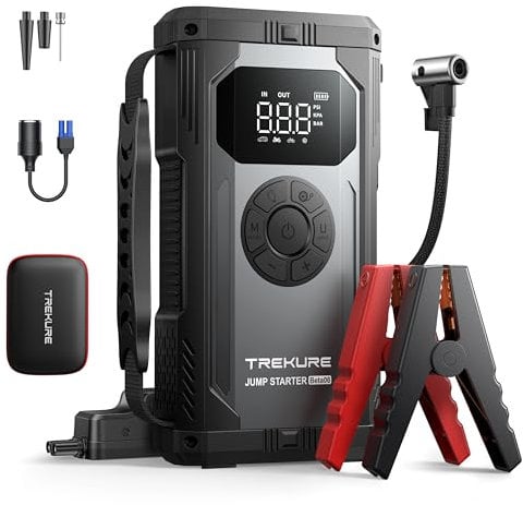 TREKURE 8-in-1 Booster Batterie Voiture 5000A 23800mAh, Batterie Voiture avec Compresseur 150PSI (All Gaz Ou 10L Diesel), 12V Jump Starter Démarreur avec Grand Écran, 400 Lumens LED, Allume-Cigare