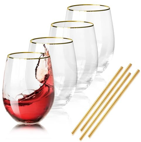 Icesip Stemless Wine Glasses Set 4,19 oz Gold Rimmed Stemless Wine Glass Large Crystal Glass Cups for Red White Wine,Durable Drinking Glasses with Straw for Water, Juice, Cocktails, Mojito