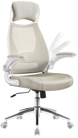 SONGMICS Bürostuhl, Drehstuhl, Chefsessel mit klappbaren Armlehnen, Kopf- und Lendenstütze, neigbar, Netzoberfläche, cappuccinobeige OBN086K01