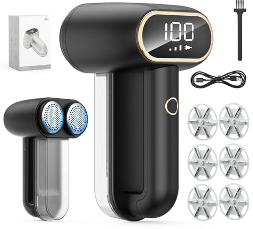 PKBD Large Size Electric Charging Fabric Shaver and Double-Blade Lint Remover with 6 Free Extra Blades, Large Capacity Scrap Storage, Quickly and Effectively Remove Fluff, Lint, and Bobbles, Black