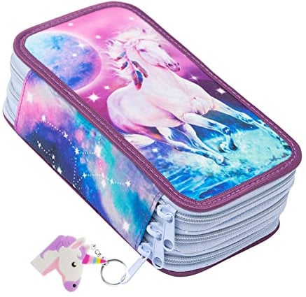 Ferocity Mäppchen Federtasche 3 Fach Federmäppchen Schüleretui Schlamperbox Stiftemappe mit 3 Reißverschluss-Fächern Mond Pferd [150]