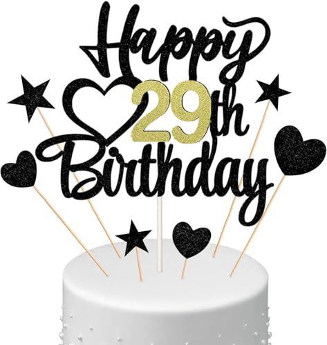Anlgdi Kuchendeko Happy Birthday Deko 29. Geburtstag Mann Frau, Schwarz, 1 Stück, 7 Teile, Kuchenaufsatz, Geburtstag, Schwarz