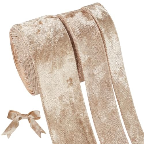 BENECREAT 13.7m Champagne Velvet Wired Ribbons, Single Face Velvet Ribbons for Gifts Wrapping, Wreath Bow Christmas Crafts Decoration