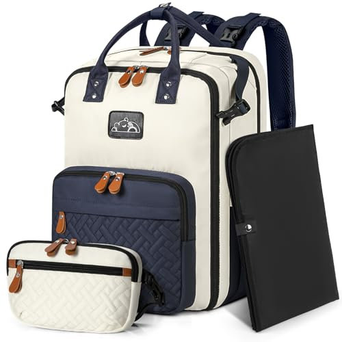 RAINSMORE Wickelrucksack Groß Baby Wickeltasche Rucksack mit Wickelunterlage Kinderwagengurten und Abnehmbare Umhängetasche Multifunktions Diaper Bag Babytasche für Unterwegs Blau und Beige