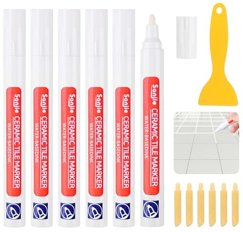 UZSUZZ 6Pcs White Grout Pen, Ceramic Tile Grout Pen with Replacement Tips for Repairing Bathroom Tile Walls and Kitchen Floors