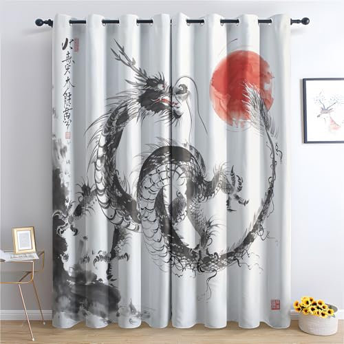 Chinesischer Drache Vorhänge, Orientalisch Asiatisch Verdunklungsvorhänge mit Ösen, Vorhang Blickdicht für Wohnzimmer Schlafzimmer Dekoration, Gardinen mit Muster, 2er Set, 137 x 117 cm (HöhexBreite)