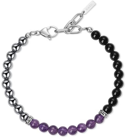 GAVU Amethyst Armband mit Schwarzer Obsidian und Hämatit Steinperlen Triple Protection Armbänder für Herren