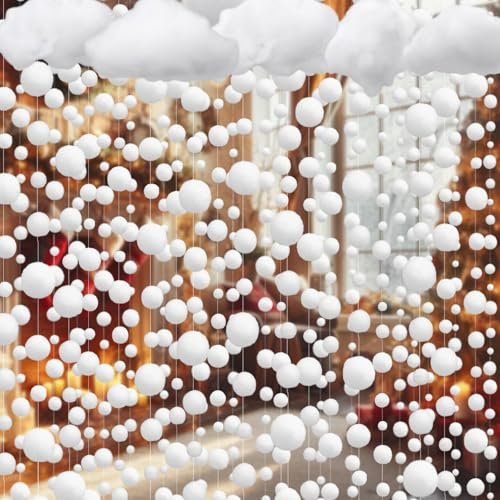 VioraWhite Hängende Deckendekoration, Kunstschnee, Winterwunderland, Weihnachten, 300 Weiße Pompons, Baumwolle, Angelschnur, DIY