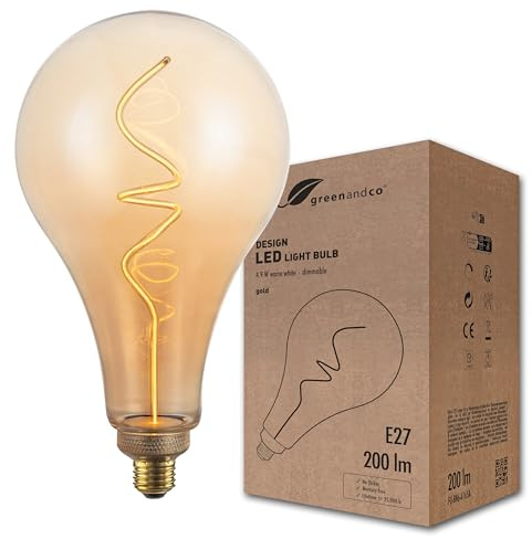 greenandco LED Vintage Glühbirne zur Stimmungsbeleuchtung XXL | dimmbar | E27 A165 | 4,9W 200lm | gold | 1800K extra warmweiß | 320° | 230V | flimmerfrei