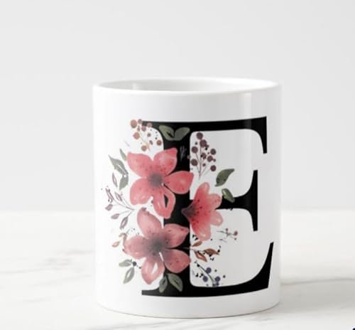 Tazza da caffè o tisana in ceramica bianca con iniziale E floreale, personalizzata