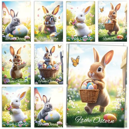 Luckeey Osterkarten mit Umschlag, 12 Stück Osterkarten Karte Ostern, Aufklappbar Osterkarte mit Realistische Niedlichem Hasen, Grußkarten Hochwertig, Frohe Ostern Karte Frühling Karten Postkarte