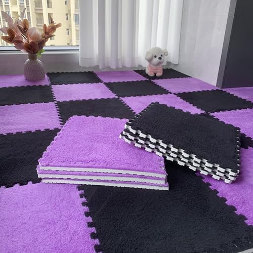 Schaumstoff-Bodenmatten-Set, ineinandergreifend, Plüsch-Puzzle-Teppich mit rutschfester Unterseite, waschbar, Klettermatte für Kinder und Haustiere, Schwarz und Dunkelviolett (12 Stück)