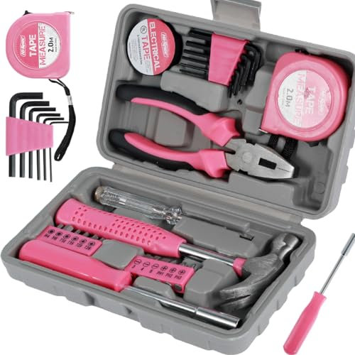 24 Pcs Home Repair Tool Kit General Household Hand Toolbox Set with Storage Case DIY Tools Hammer and Allen Key Set with Electrical Tape Screwdriver Test Pen Plier Bits for Men Women & Beginner