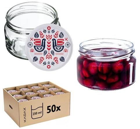 KADAX Lot de 50 petits pots à confiture avec couvercles hermétiques - 250 ml - Idéaux comme cadeau - Motif folklore I