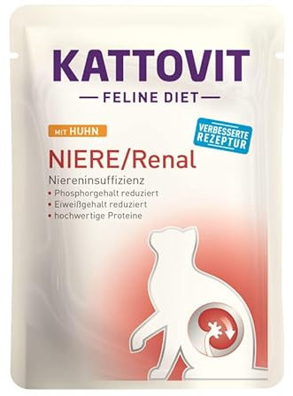 Kattovit Feline Diet Niere/Renal Huhn 20 x 85g | Plus 2 Sachets Spezial-Cream Gratis dazu | zur Unterstützung der Nierenfunktion | 4 Sorten zur Auswahl | Nassfutter für Katzen im Pouchebeutel