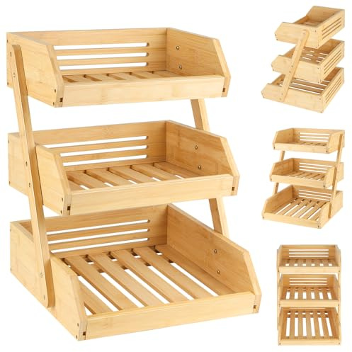 HUOLE Soporte de Frutero de Bambú de 3 Niveles para el Almacenamiento de Verduras y Pan en la Cocina, 30*33*41cm (3 capas)