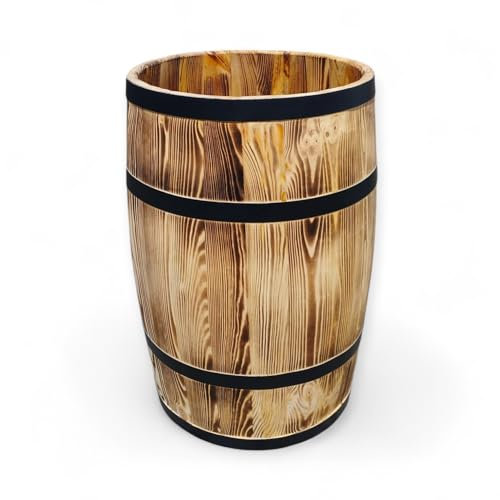 Holzfass im Antik-Look ohne Deckel – Gebranntes Holz mit Metallreifen – Rustikales Regenfass, Pflanzkübel oder Gartendeko 135 Liter