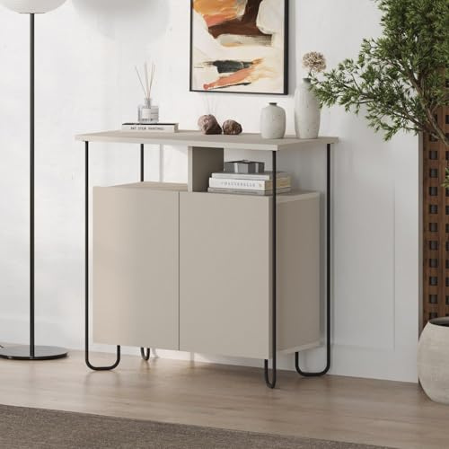FWStyle Matt Sandstone 2 Door Sideboard with Open Shelf and Black Metal Frame, Contemporary Storage Cabinet for Living Room, Hallway or Dining Room Furniture, W80 x H80 x D40cm