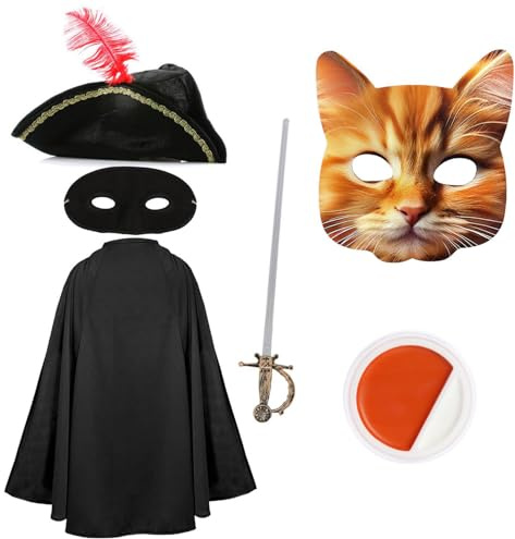 Costume da bandito da gatto per adulti, mantello nero, cappello tricorno, maschera da gatto, maschera per gli occhi, spada finta, vernice facciale arancione e bianca, costume da uomo e donna