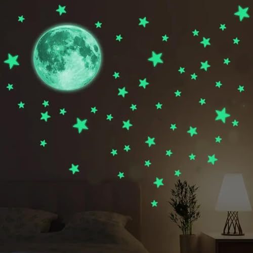 MisFun Mond Aufkleber Leuchtend, Leuchtsterne Kinderzimmer, Selbstklebende Aufkleber für Kinder, Fluoreszierende Aufklebers, Mond Leuchtsticker passend zu Leuchtsternen für Den Perfekten Sternenhimmel