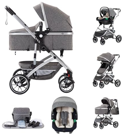 Kakbgee Passeggino 3 in 1, pieghevole con un clic, sistema da viaggio per la città, carrozzina e seggiolino auto con zanzariera, passeggino alto per neonati da 0 a 4 anni, grigio