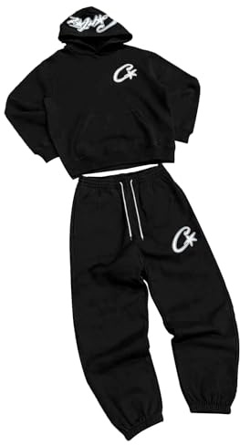 Tuta sportiva da uomo e donna, unisex, in cotone, con felpa con cappuccio e pantaloni da jogging, set comodo per il tempo libero, abbigliamento casual, tuta in 2 pezzi, Nero , S