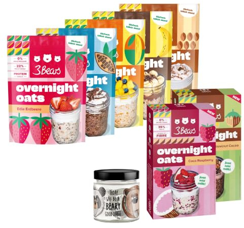 3Bears Overnight Oats Lover Set 7x400g inkl. Bären Glas- veganer Vollkorn-Hafer mit den Sorten Himbeere, Haselnuss, Erdbeere, Mango, Koko Kakao, Eiskaffee und Bananen Split, schnelles Meal Prep
