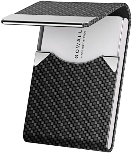 GOWALL Black Carbon Business Card Holder with Magnetic Closure, Slim Metal PU Business Card Case for Men Women, 3.7 x 2.3 inches RFID Blocking Credit Cards Holder for Pocket or Bag Storage