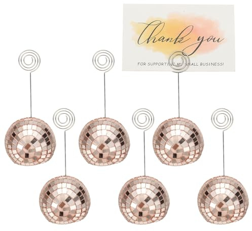 PATIKIL 2 Inch Disco Ball Place Card Holder, 6Pcs Disco Table Sign Holder Table Number Holders Name Card Stands with Clip for Decor Photo Menu Display Wedding Birthday Party, Rose Gold