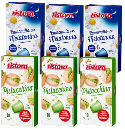 Set 60 Capsule Ristora – 30 Pistacchio + 30 Camomilla – Compatibili con Macchine ad uso domestico Nespresso* – Bevande Solubili – 100% Made in Italy – Prodotto Originale