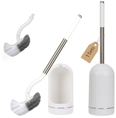 WC Bürsten,Toilettenbürsten mit Halter,1 Toilettenhalterung + 2 Gebogen Bürstenköpfen Ø7cm,Toilettenbürste mit Randreiniger,Klobürste mit Edelstahlgriff,Praktisches WC-Bürsten für gründliche Reinigung