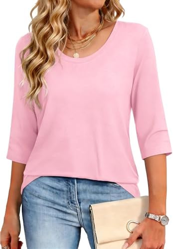 Crewhpo Maglia Mezza Manica Donna Cotone con Scollo a U Maglia a Maniche Tre Quarti Magliette Estiva Leggero T-Shirt Elegante Tinta Unita Top Casual Maniche Corte Rosa L