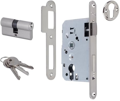 Cerradura de Embutir Seguridad Monopunto Canto Redondo Níquel Satinado | 47mm Entre Ejes, 50mm hasta Bocallave | Herraje para Puertas de Entrada, Europerfil y Cilindro 30x30, Grosor 20mm