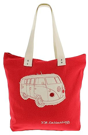 BRISA VW Collection - Volkswagen Wiederverwendbare Canvas-Einkaufs-Tüte-Strand-Tasche mit T1 Bulli Bus Motive (Silhouette/Rot)